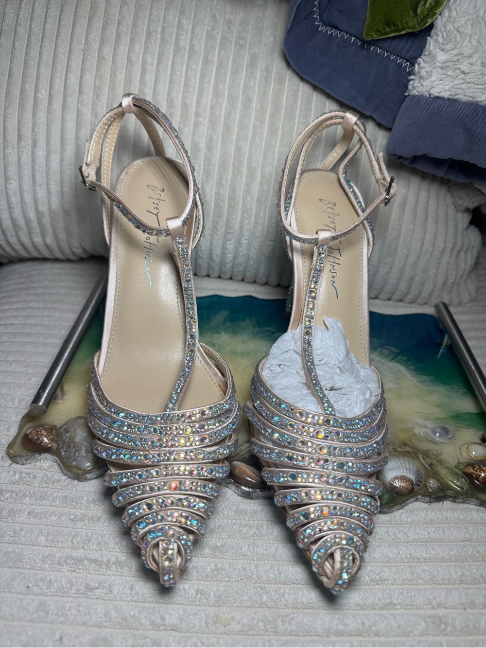 blue by betsey johnson champagne rhinestone pumps